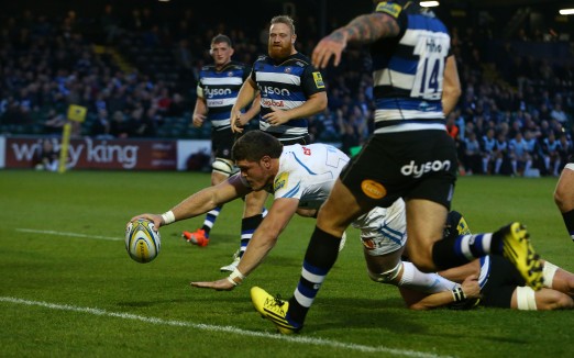 Dave Ewers of Exeter Chiefs goes over for try - Photo mandatory by-line: Gary Day/Pinnacle - Tel: +44(0)1363 881025 - Mobile:0797 1270 681 - VAT Reg No:183700120 - 10/10/2015 - SPORT - RUGBY UNION - West Country Challenge Cup - Bath Rugby v Exeter Chiefs - Recreation Ground, Spring Gardens, Bath