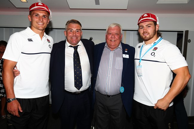 Pictured: Henry Slade, Jason Leonard (RFU President), Tony Rowe OBE (Exeter Rugby Club Chief Executive and Chairman) and Luke Cowan-Dickie